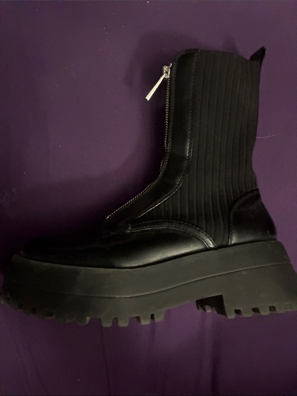Zara Black Ribbed Platform Lug-Zip Ankle Boots